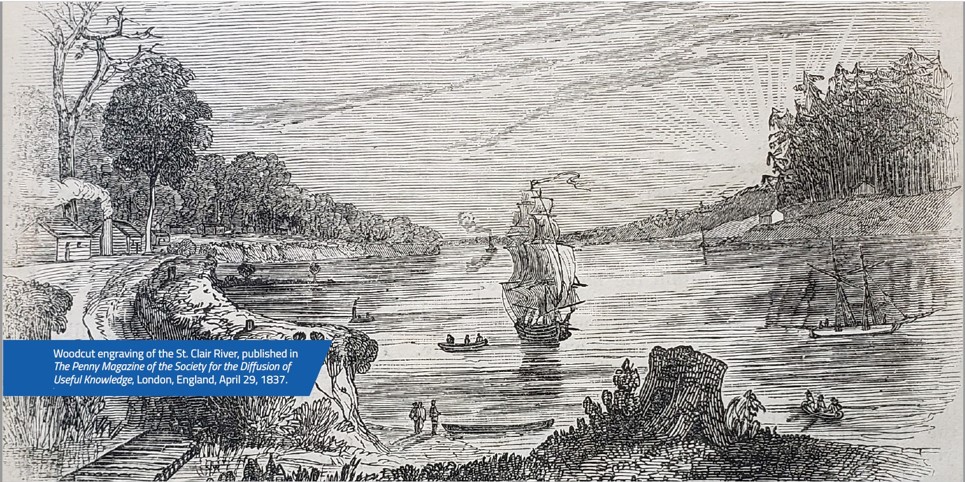 A woodcut engraving of the St. Clair River depicting early settlement. Includes boats, early housing, wooden bridges, treescapes, etc.