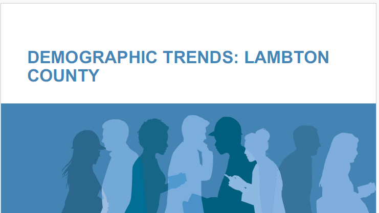 Cover Page for Demographic Trends: Lambton County - 2021-illustration of different people in shades of blue