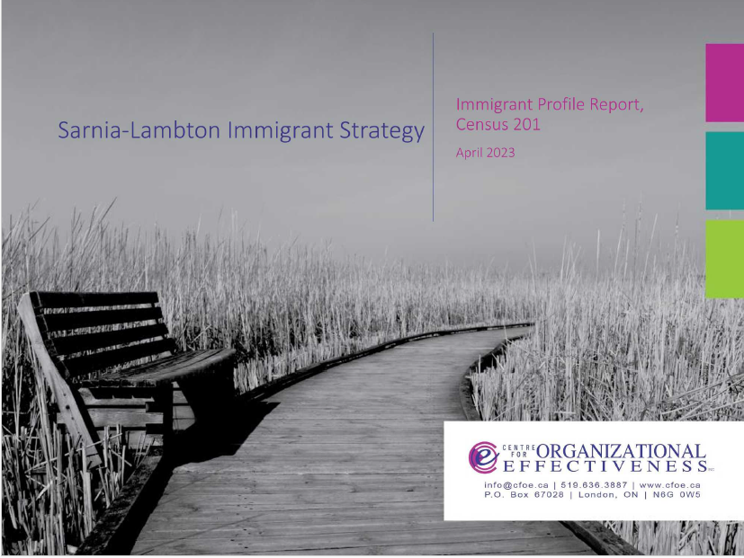 Sarnia-Lambton-Immigrant-Strategy Profile Report Census 201 cover page image of bench, grass and logo for centre for organizational effectiveness  