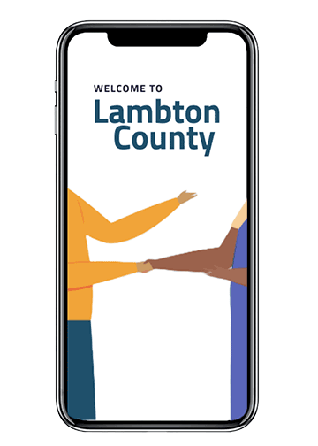 Cell phone with Welcome to Lambton County Welcome app with Link to instructions to upload