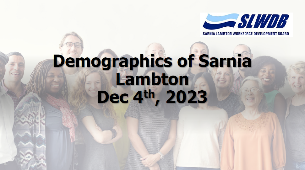 Image of cover page for local imagration data for 2023 with Sarnia Lambton Workforce Development Board Logo and image of newcomers